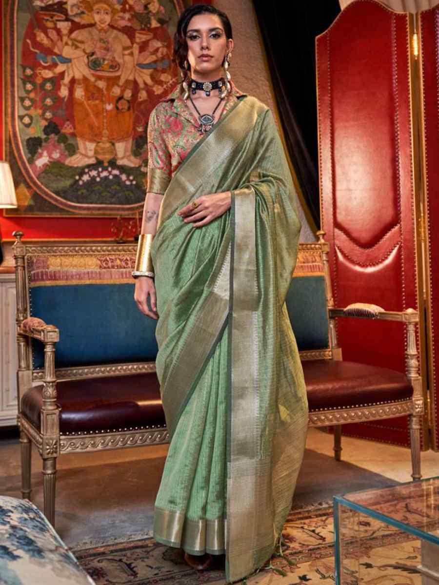 Sea Green Moss Chiffon Handwoven Festival Wedding Heavy Border Saree