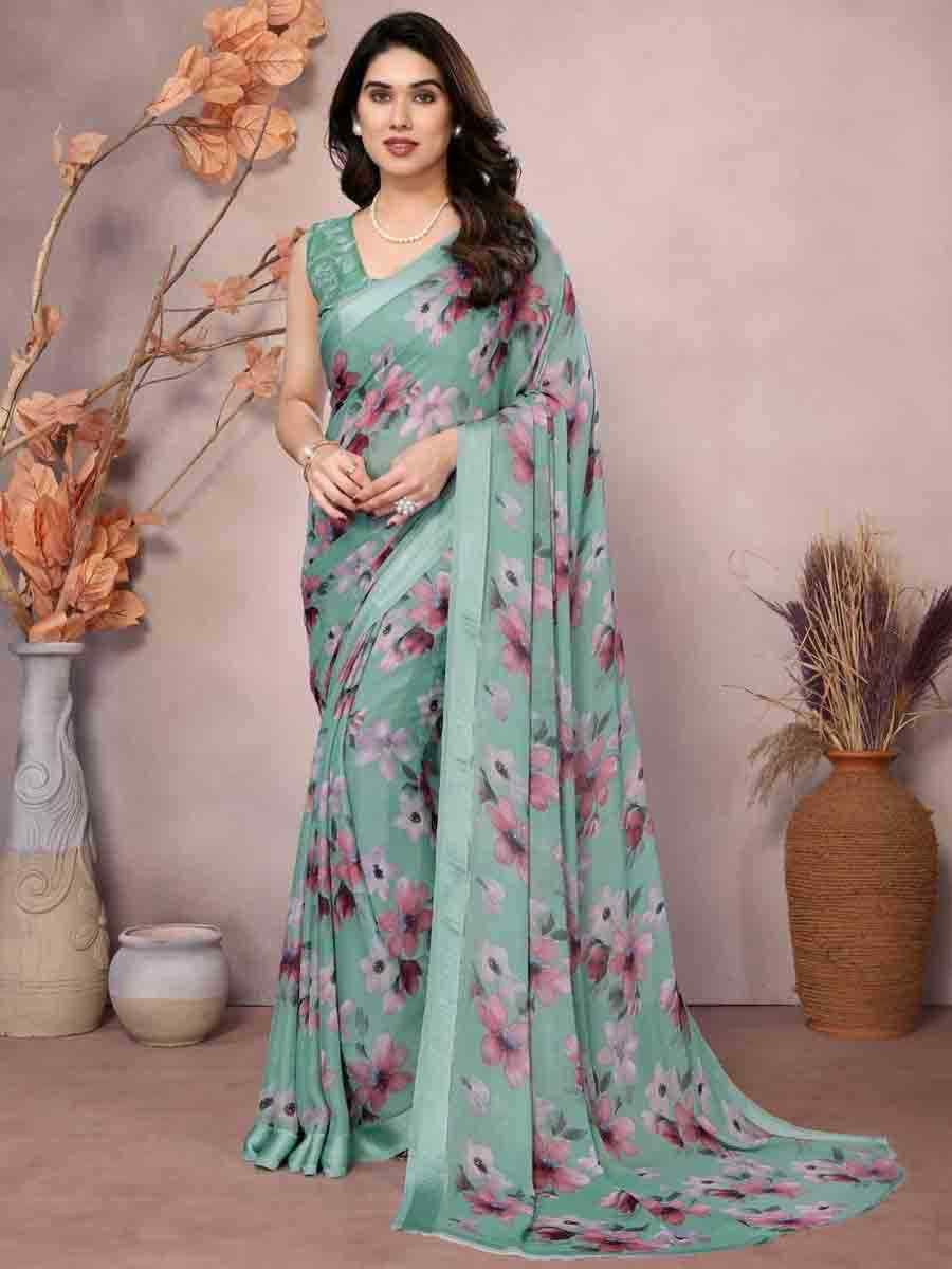 Sea Green Moss Silk Printed Festival Casual Contemporary Saree