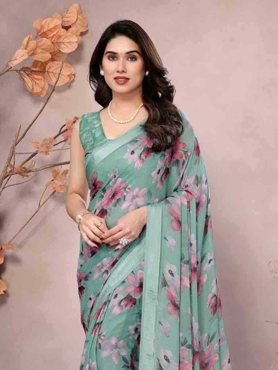 Sea Green Moss Silk Printed Festival Casual Contemporary Saree