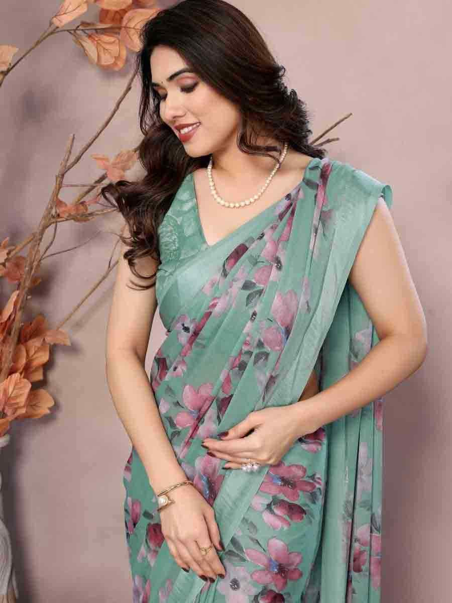 Sea Green Moss Silk Printed Festival Casual Contemporary Saree