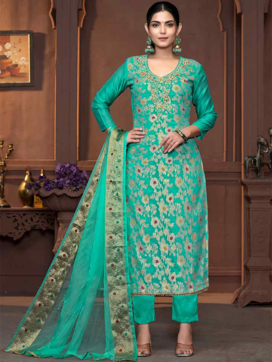 Sea Green Muslin Banarasi Cotton Embroidered Casual Festival Pant Salwar Kameez