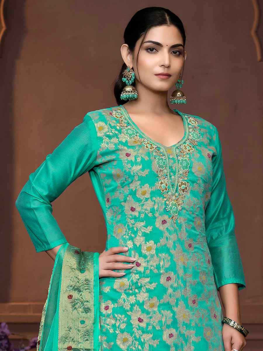 Sea Green Muslin Banarasi Cotton Embroidered Casual Festival Pant Salwar Kameez