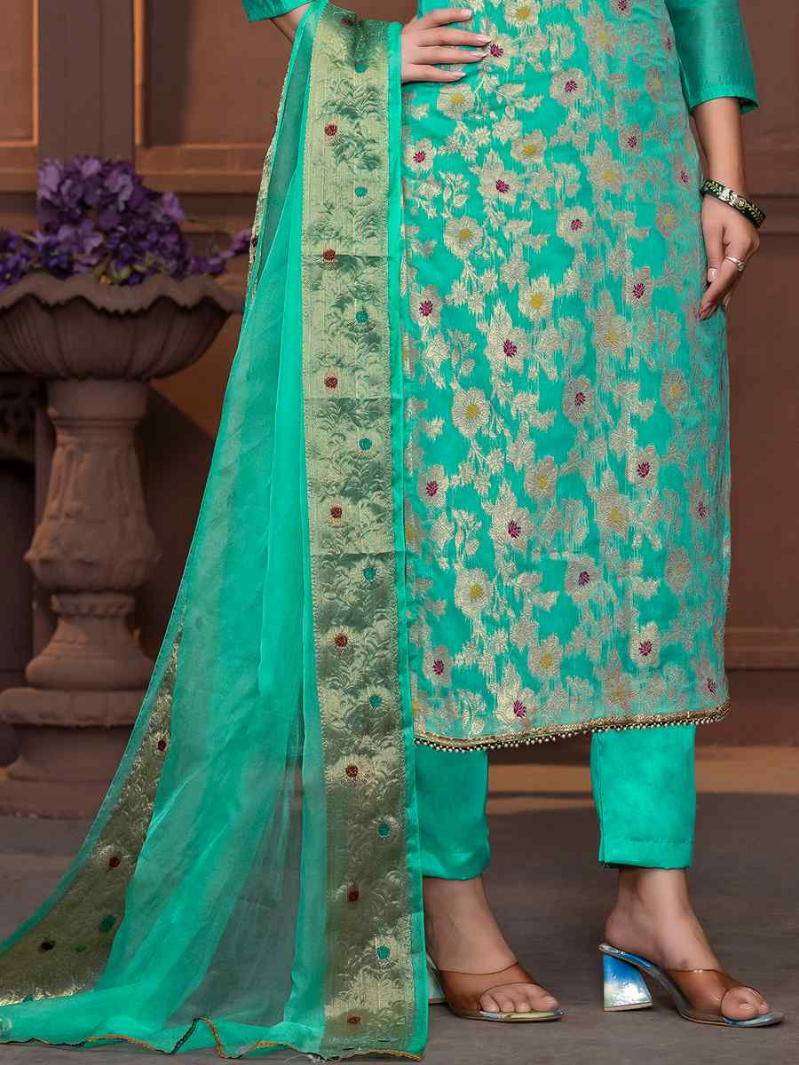 Sea Green Muslin Banarasi Cotton Embroidered Casual Festival Pant Salwar Kameez