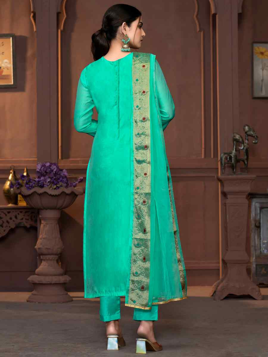 Sea Green Muslin Banarasi Cotton Embroidered Casual Festival Pant Salwar Kameez