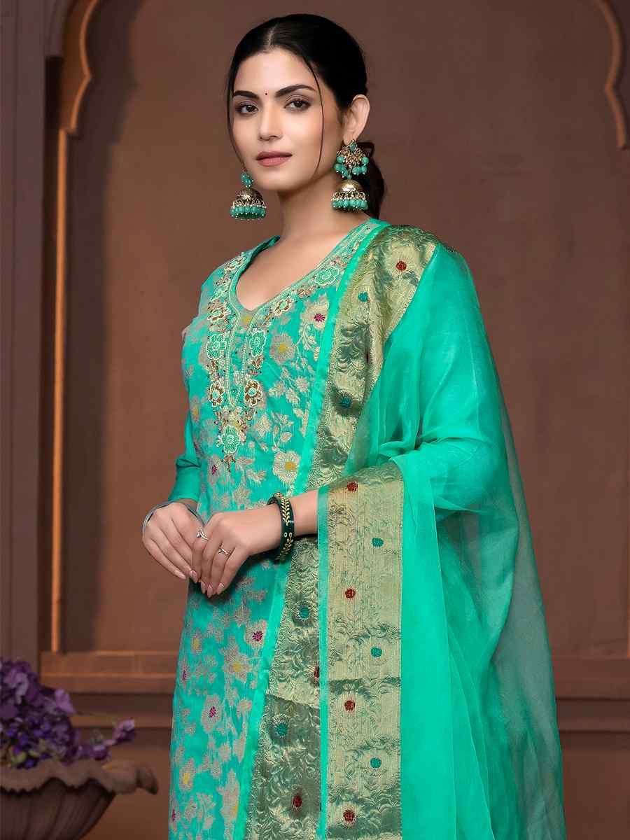 Sea Green Muslin Banarasi Cotton Embroidered Casual Festival Pant Salwar Kameez