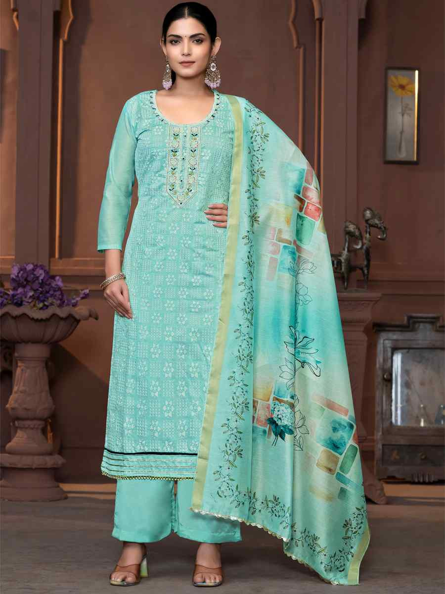 Sea Green Muslin Cotton Embroidered Casual Festival Pant Salwar Kameez