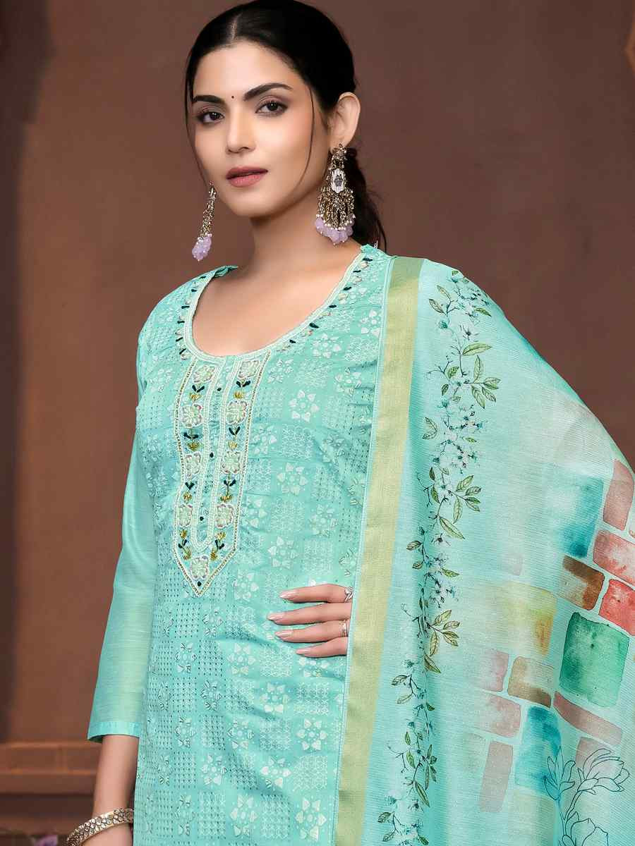 Sea Green Muslin Cotton Embroidered Casual Festival Pant Salwar Kameez