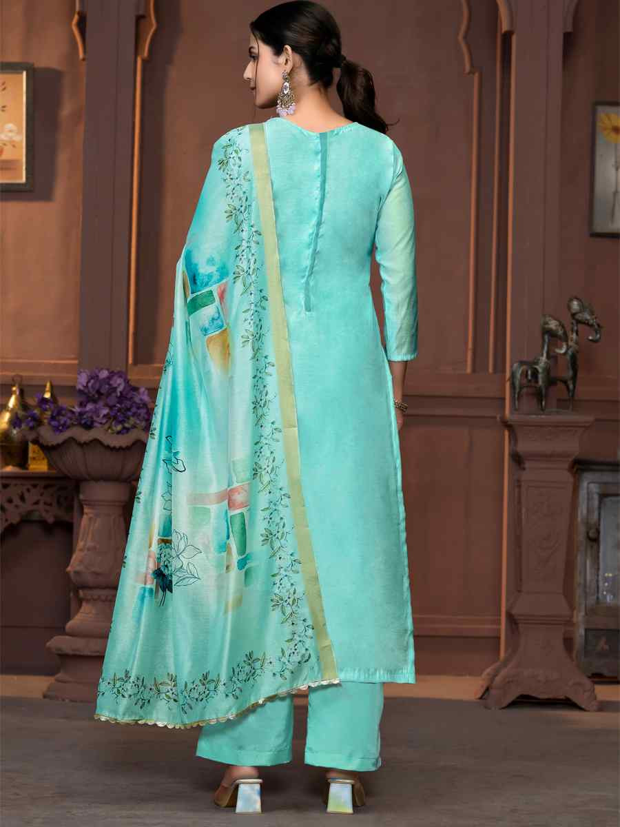 Sea Green Muslin Cotton Embroidered Casual Festival Pant Salwar Kameez