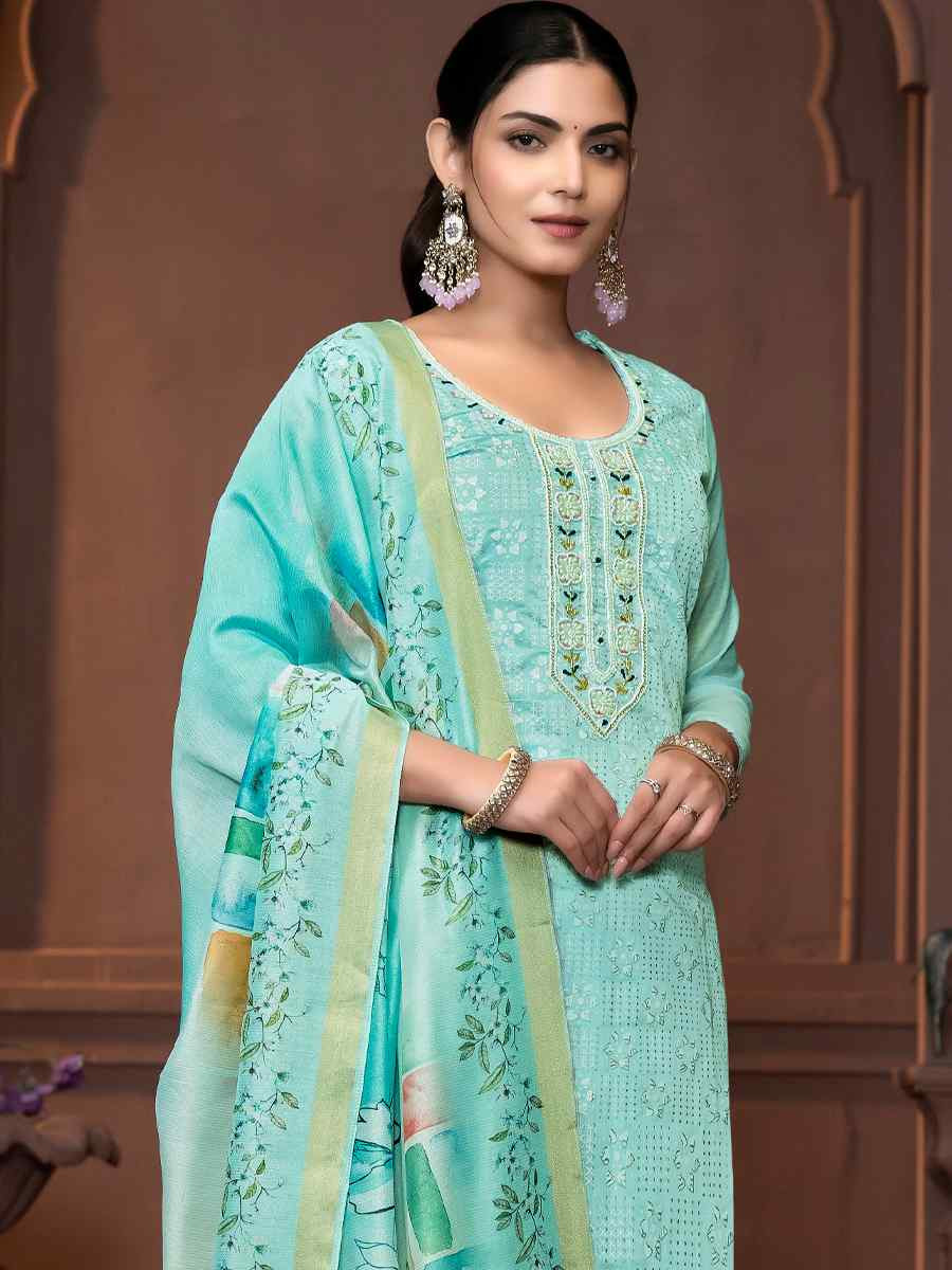 Sea Green Muslin Cotton Embroidered Casual Festival Pant Salwar Kameez