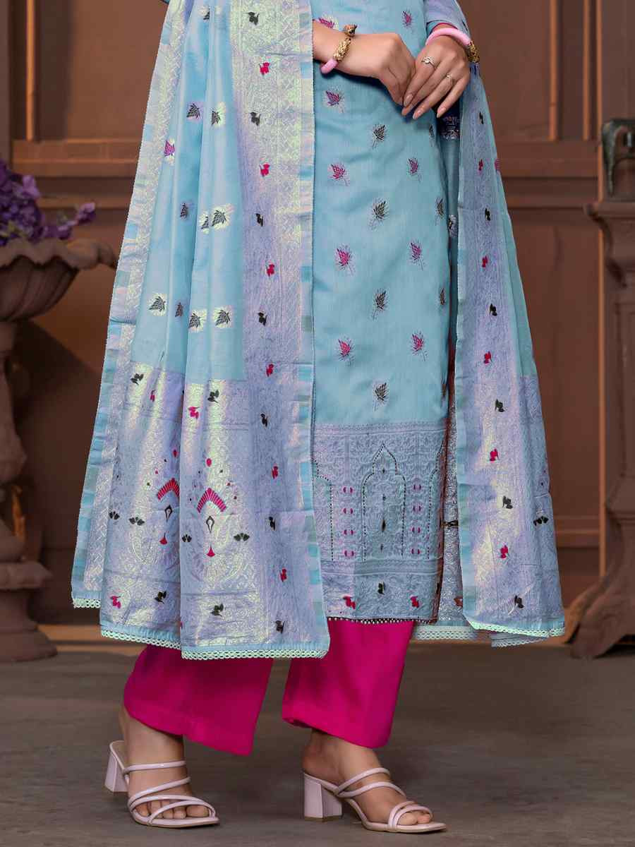 Sea Green Musline Banarasi Cotton Embroidered Casual Festival Pant Salwar Kameez