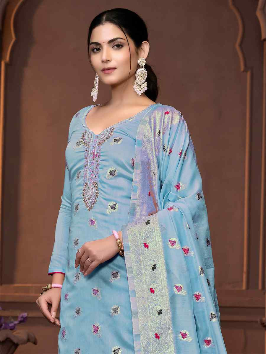 Sea Green Musline Banarasi Cotton Embroidered Casual Festival Pant Salwar Kameez