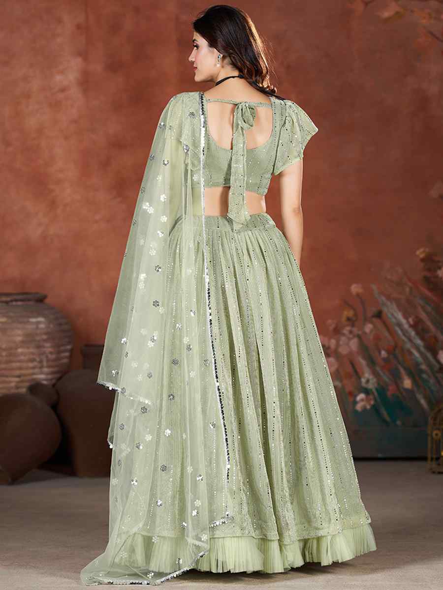 Sea Green Net Embroidered Bridesmaid Wedding Heavy Border Lehenga Choli