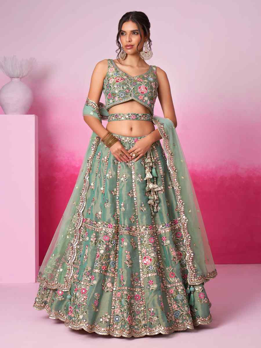 Sea Green Net Embroidered Bridesmaid Wedding Heavy Border Lehenga Choli