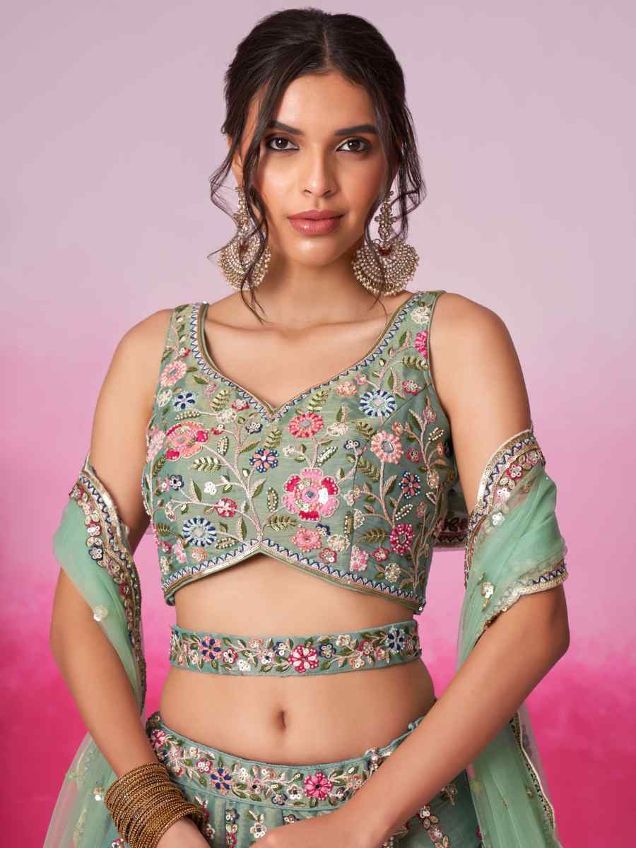 Sea Green Net Embroidered Bridesmaid Wedding Heavy Border Lehenga Choli