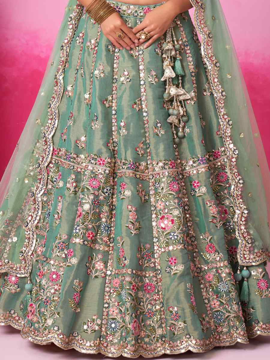 Sea Green Net Embroidered Bridesmaid Wedding Heavy Border Lehenga Choli