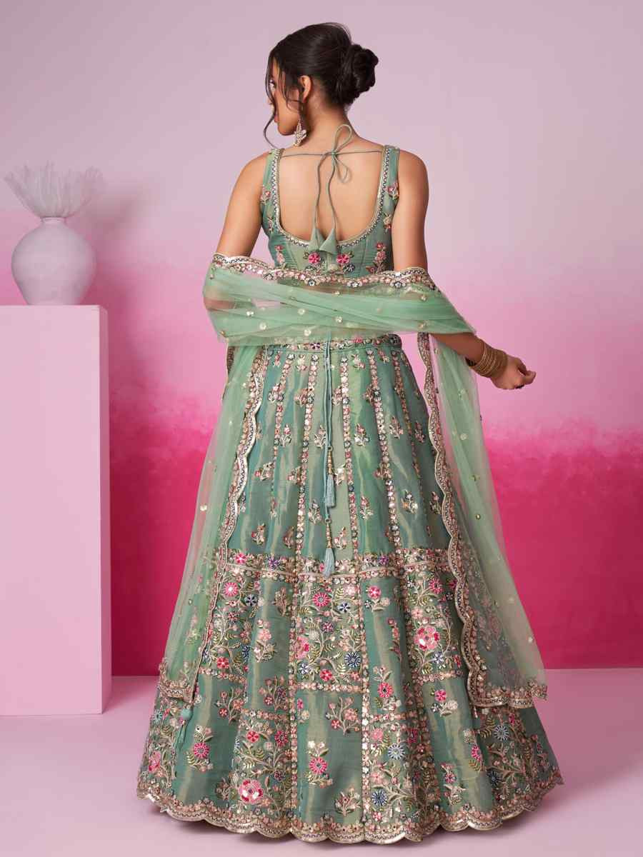 Sea Green Net Embroidered Bridesmaid Wedding Heavy Border Lehenga Choli