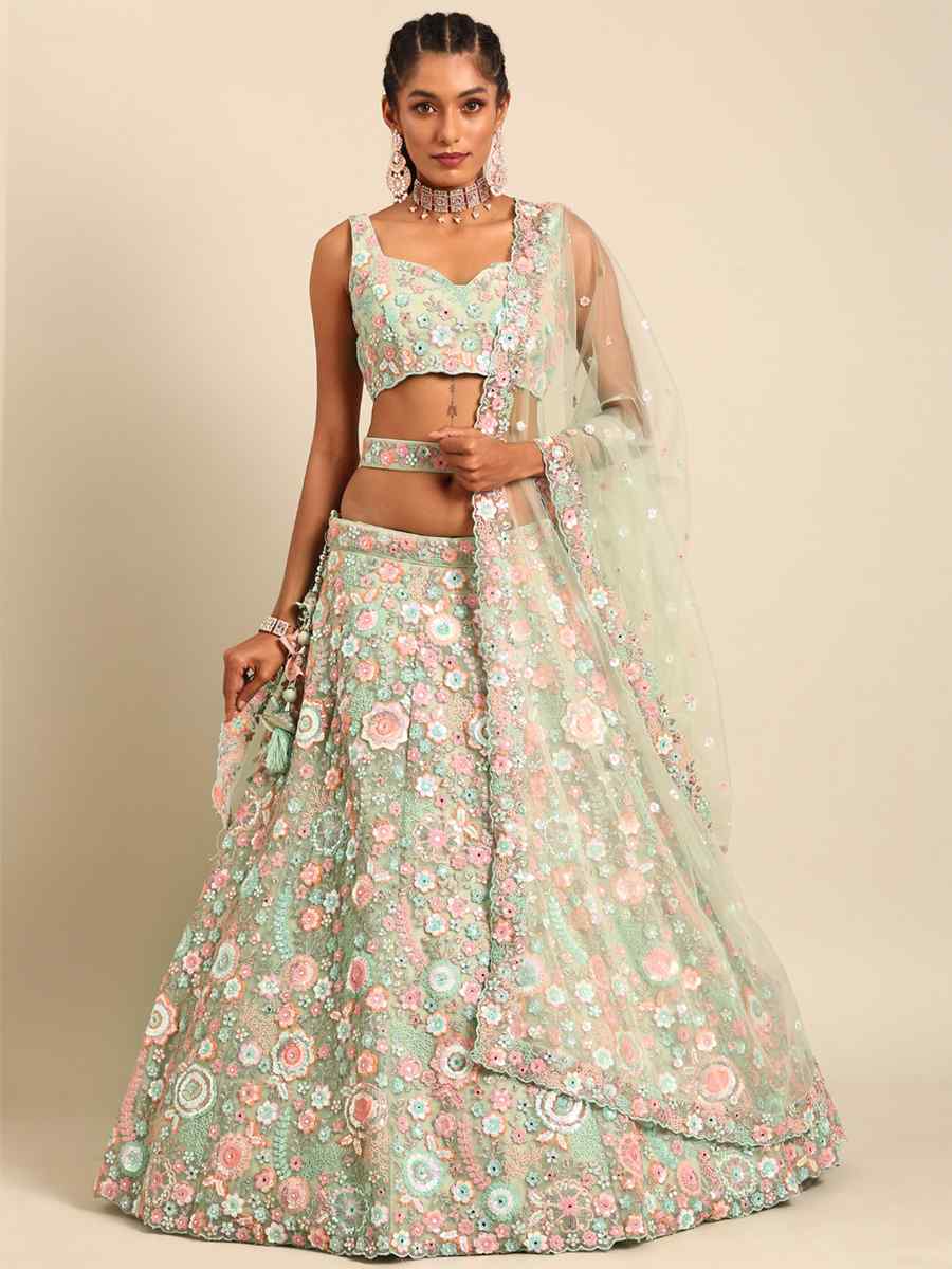 Sea Green Net Embroidered Bridesmaid Wedding Heavy Border Lehenga Choli