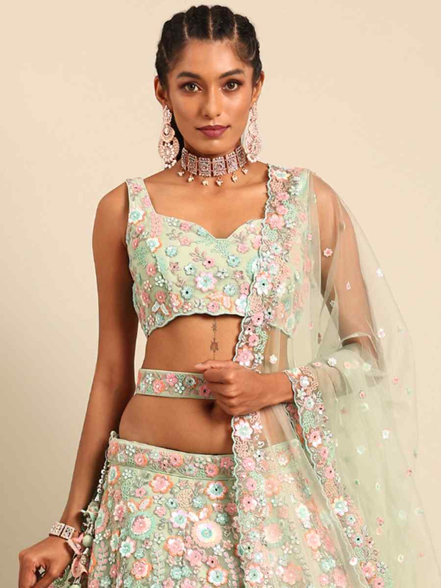 Sea Green Net Embroidered Bridesmaid Wedding Heavy Border Lehenga Choli