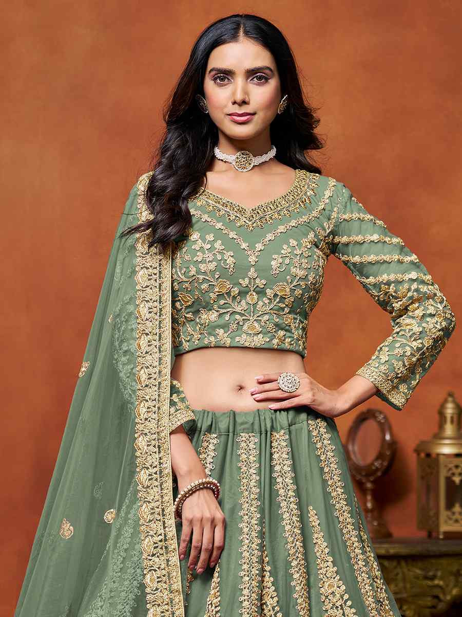 Sea Green Net Embroidered Wedding Bridesmaid Heavy Border Lehenga Choli