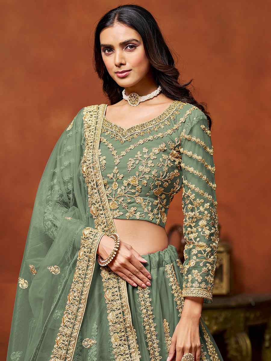 Sea Green Net Embroidered Wedding Bridesmaid Heavy Border Lehenga Choli