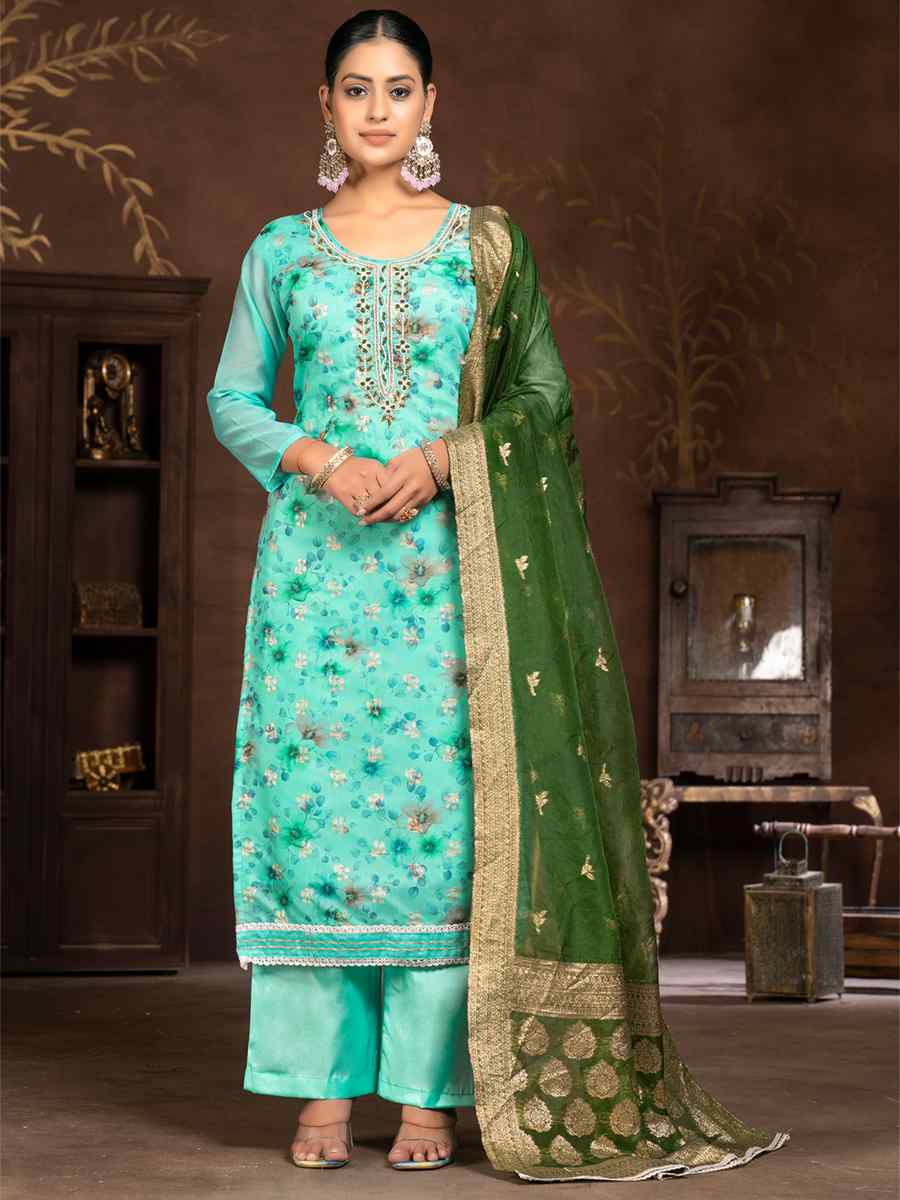 Sea Green Organza Embroidered Casual Festival Pant Salwar Kameez