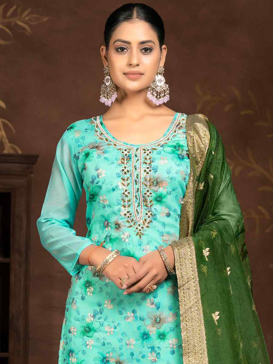 Sea Green Organza Embroidered Casual Festival Pant Salwar Kameez