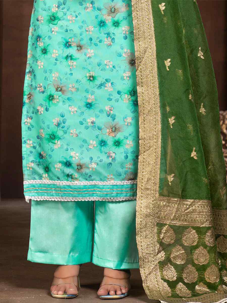 Sea Green Organza Embroidered Casual Festival Pant Salwar Kameez