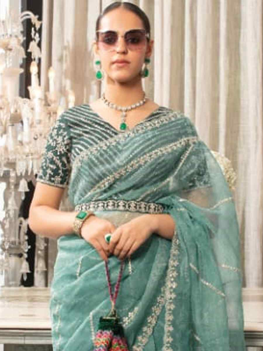 Sea Green Organza Embroidered Festival Wedding Classic Style Saree