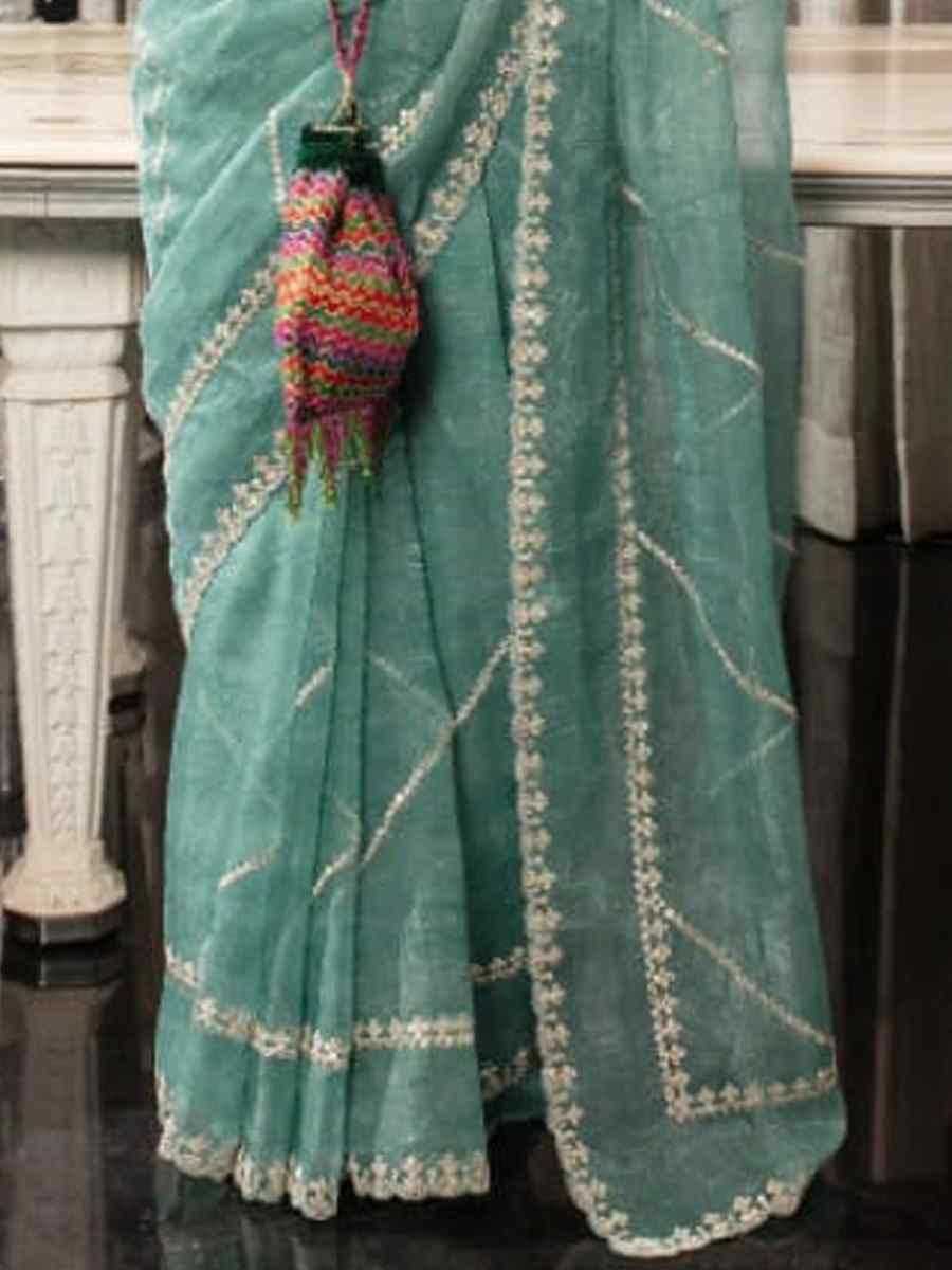 Sea Green Organza Embroidered Festival Wedding Classic Style Saree