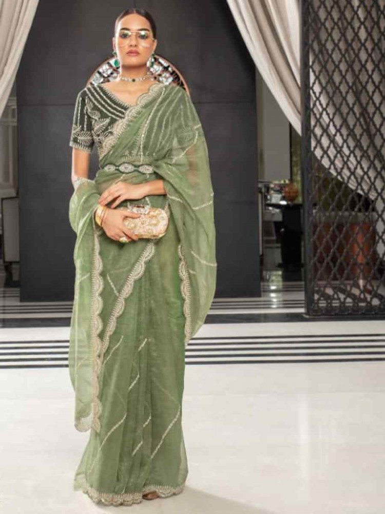 Sea Green Organza Embroidered Festival Wedding Classic Style Saree