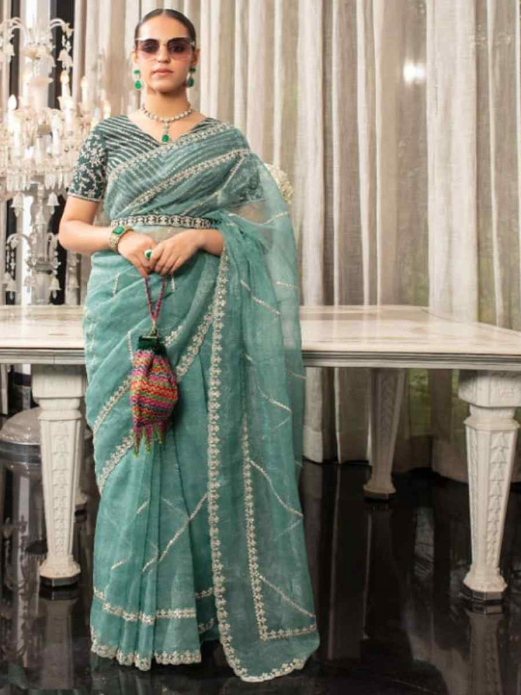 Sea Green Organza Embroidered Festival Wedding Classic Style Saree