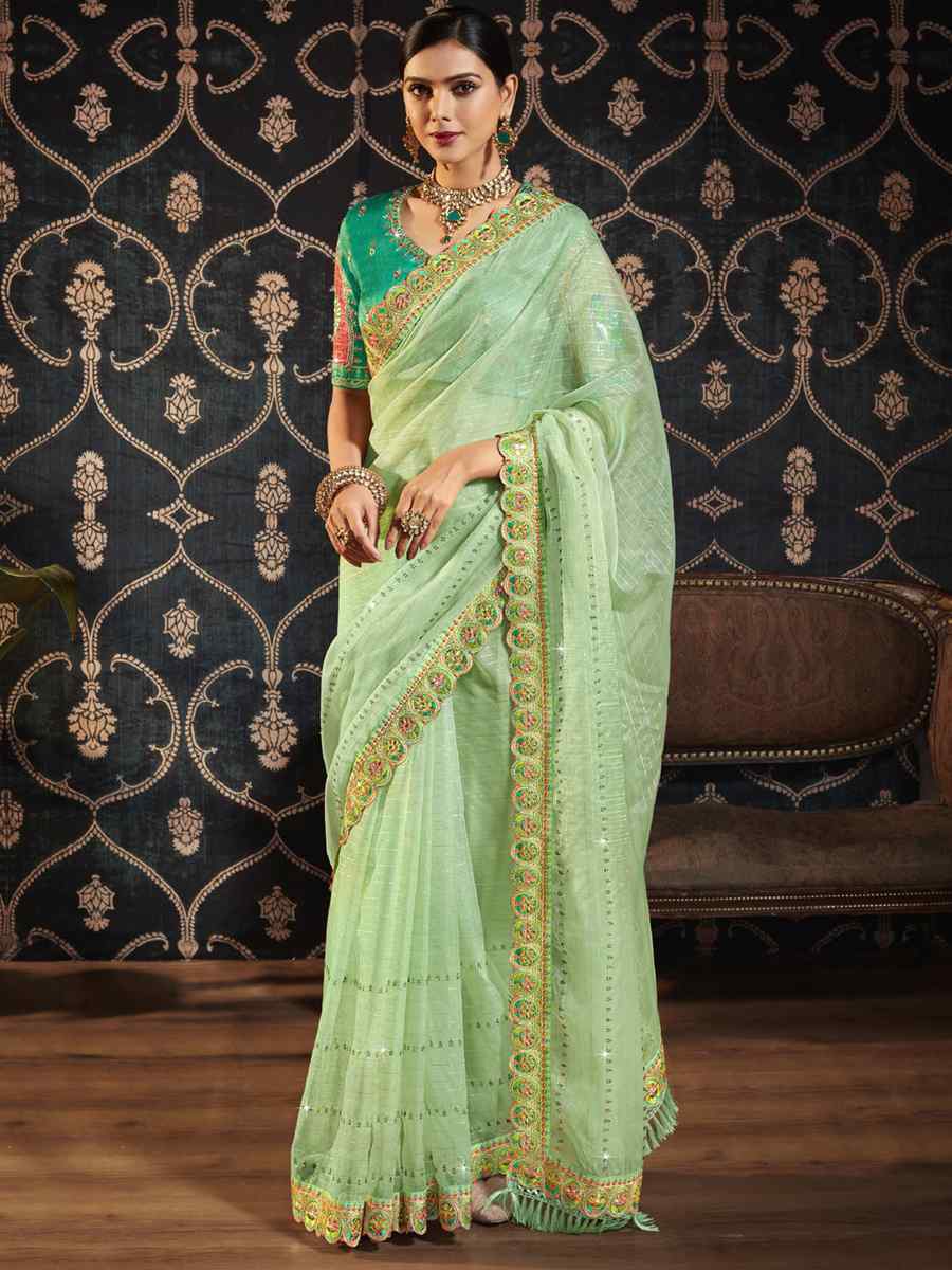 Sea Green Organza Embroidered Party Festival Classic Style Saree