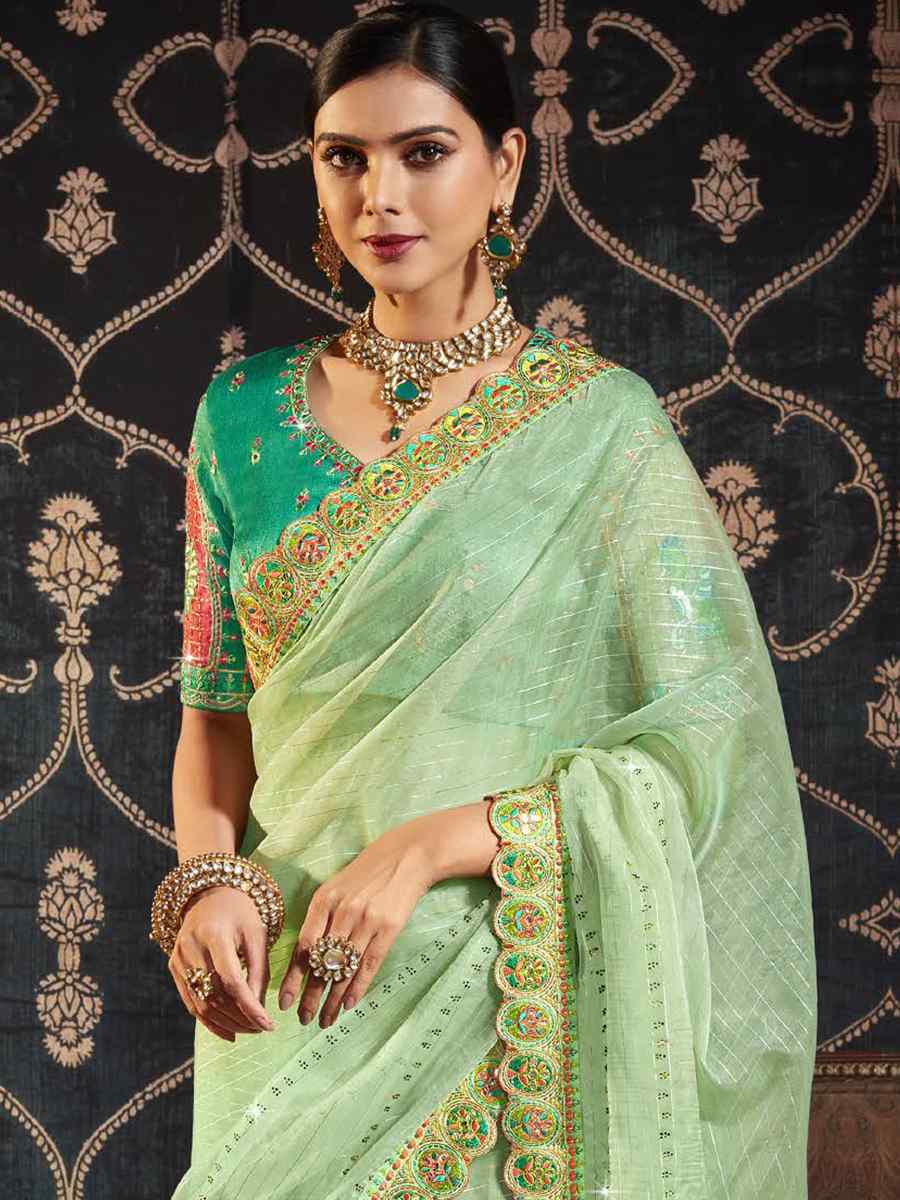 Sea Green Organza Embroidered Party Festival Classic Style Saree