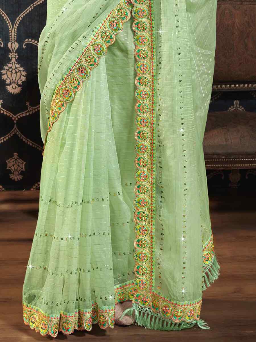 Sea Green Organza Embroidered Party Festival Classic Style Saree