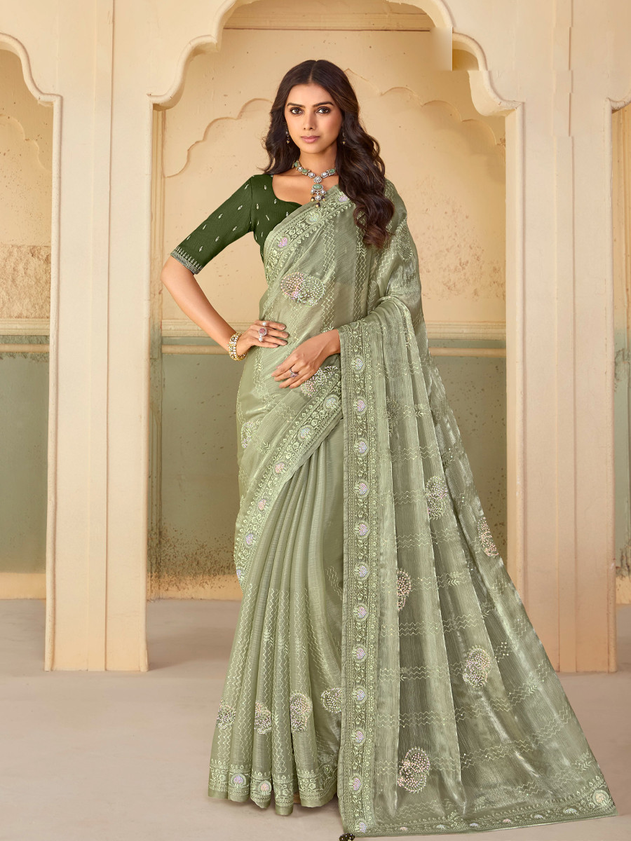 Sea Green Organza Embroidered Reception Party Heavy Border Saree