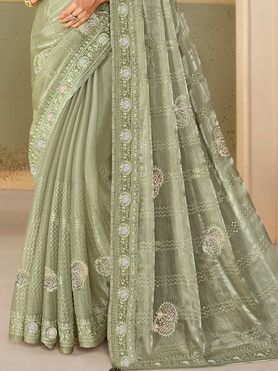 Sea Green Organza Embroidered Reception Party Heavy Border Saree