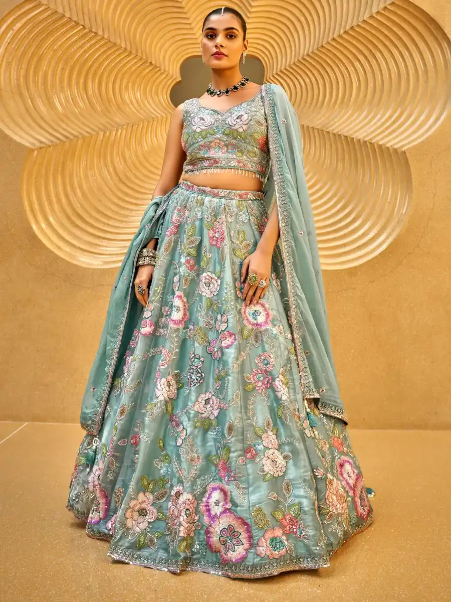 Sea Green Organza Embroidered Wedding Bridesmaid Heavy Border Lehenga Choli