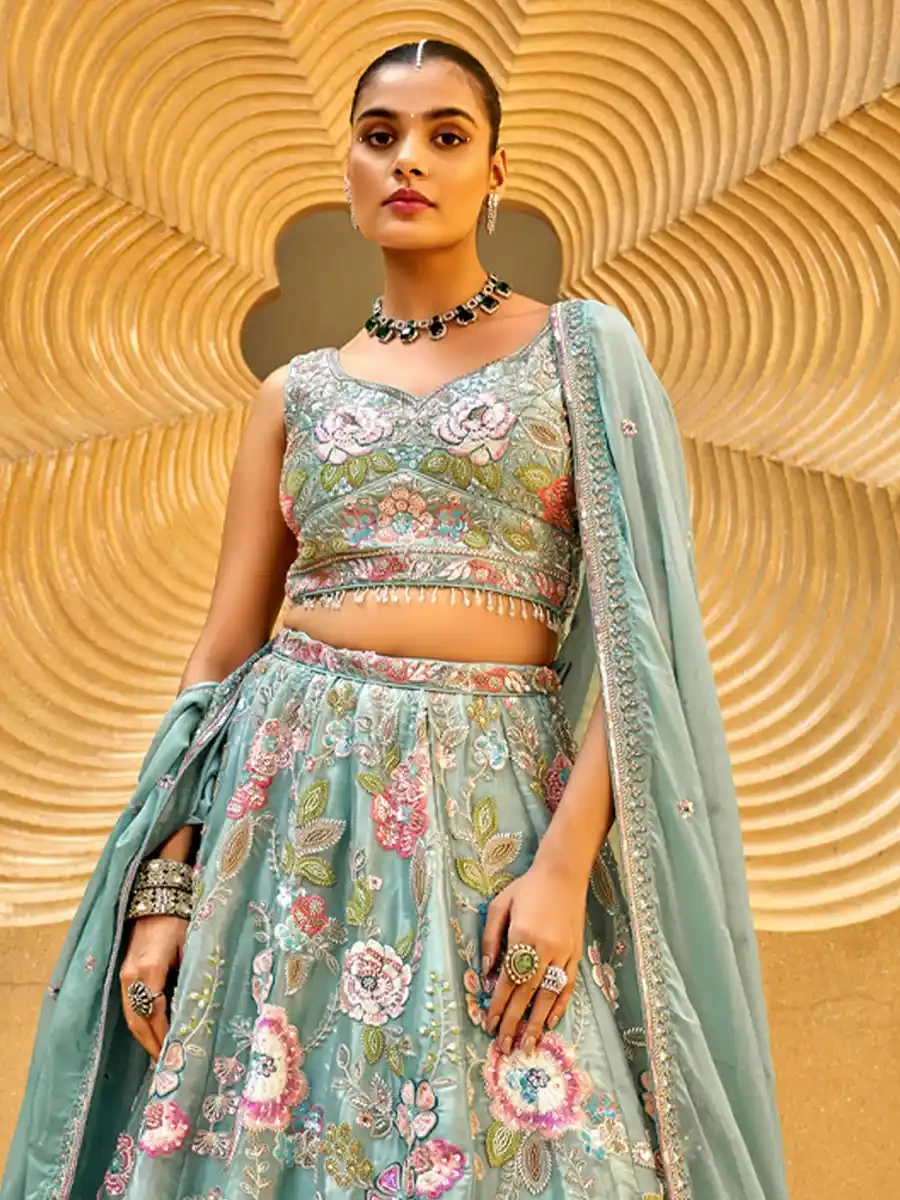 Sea Green Organza Embroidered Wedding Bridesmaid Heavy Border Lehenga Choli