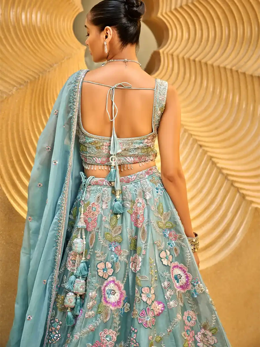 Sea Green Organza Embroidered Wedding Bridesmaid Heavy Border Lehenga Choli