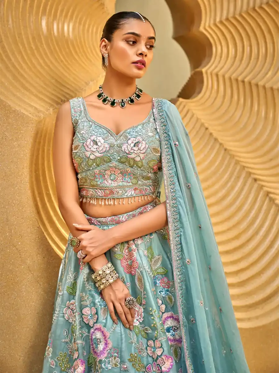 Sea Green Organza Embroidered Wedding Bridesmaid Heavy Border Lehenga Choli