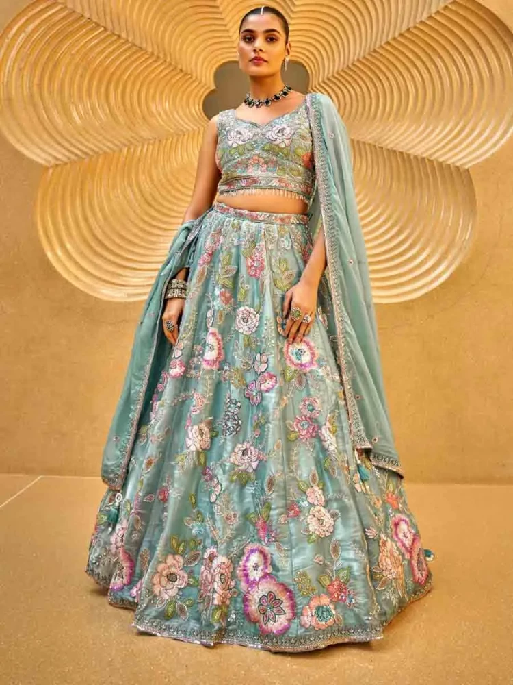 Sea Green Organza Embroidered Wedding Bridesmaid Heavy Border Lehenga Choli