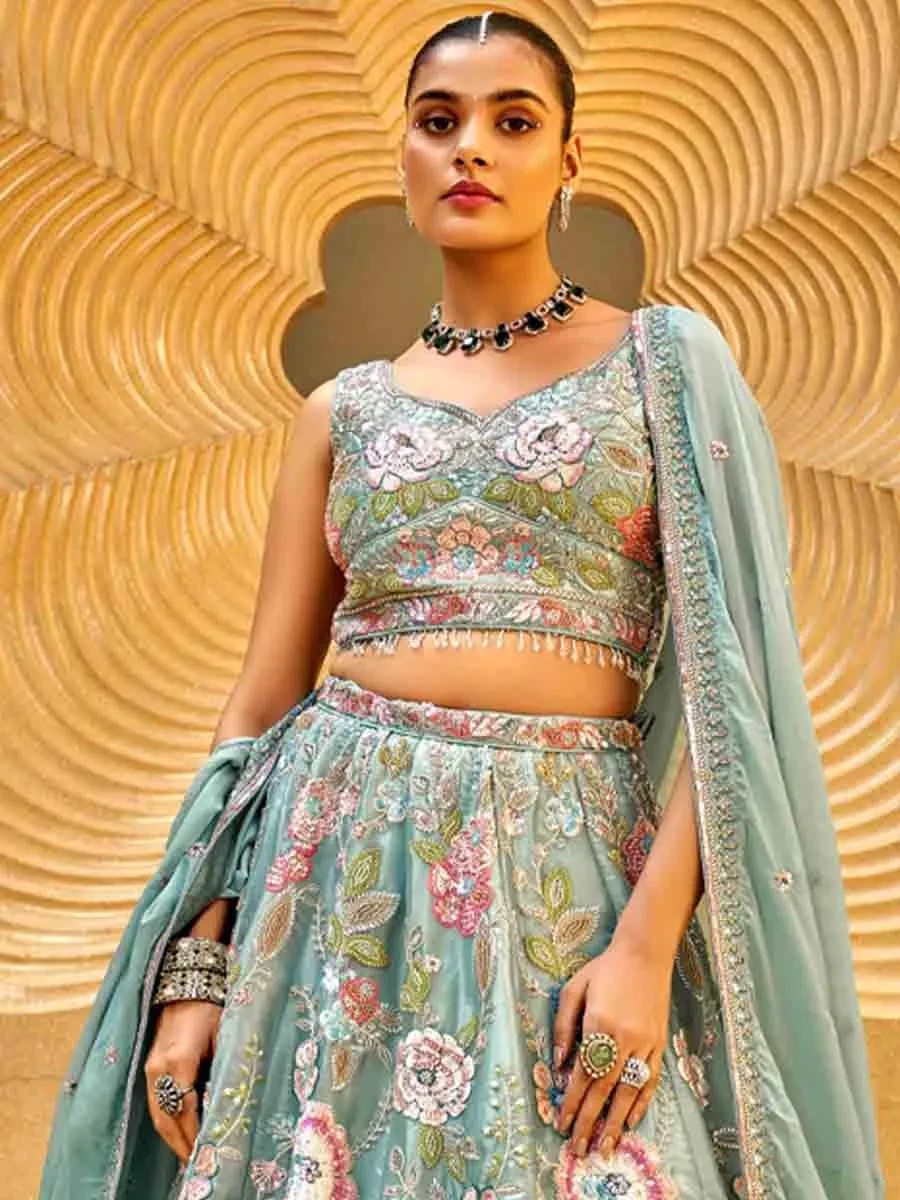 Sea Green Organza Embroidered Wedding Bridesmaid Heavy Border Lehenga Choli