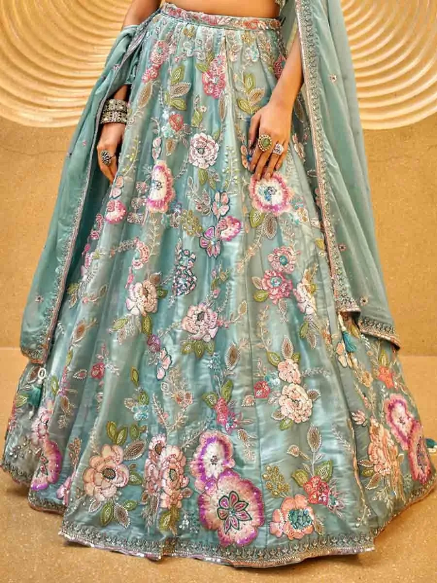 Sea Green Organza Embroidered Wedding Bridesmaid Heavy Border Lehenga Choli