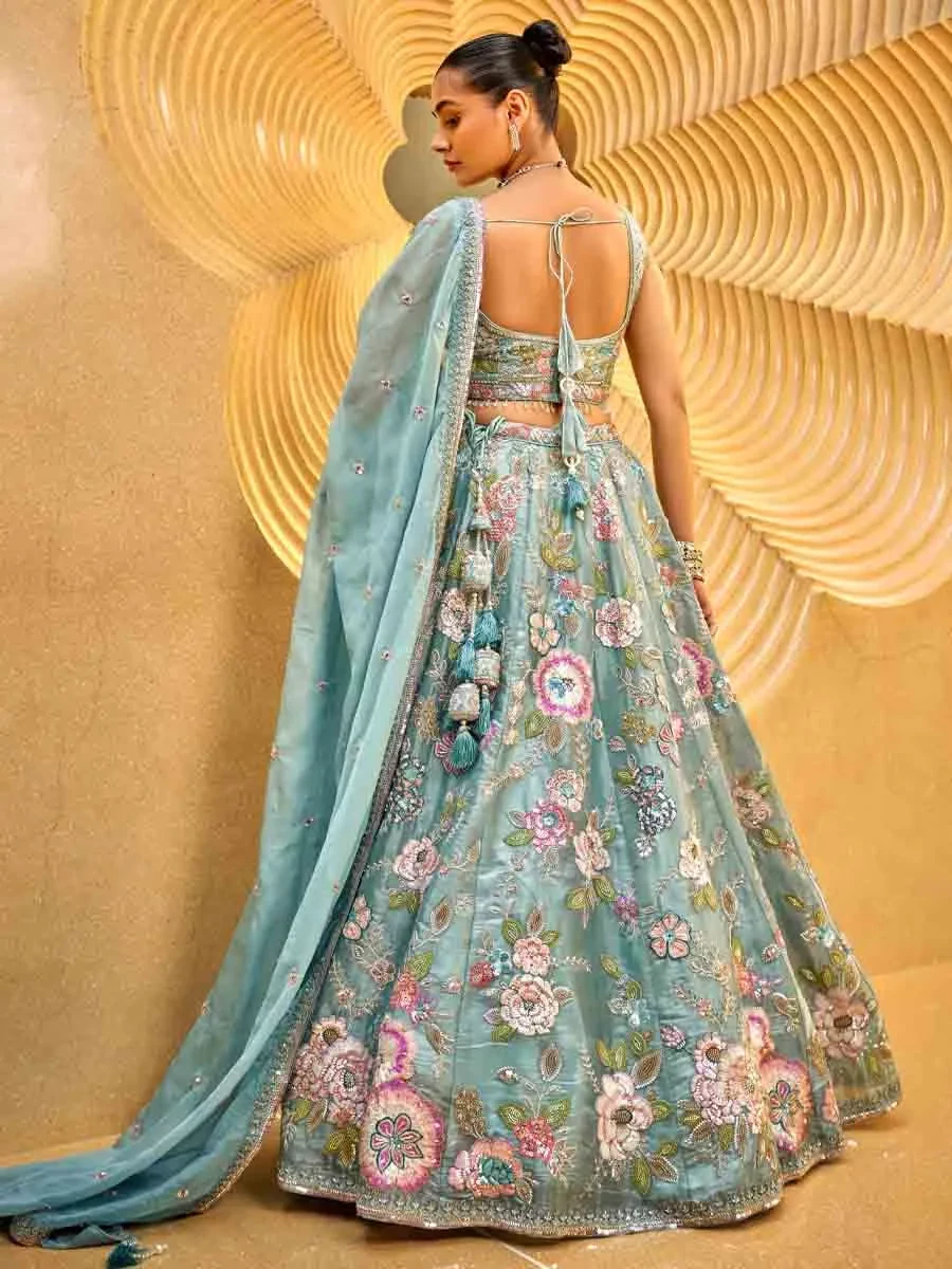 Sea Green Organza Embroidered Wedding Bridesmaid Heavy Border Lehenga Choli