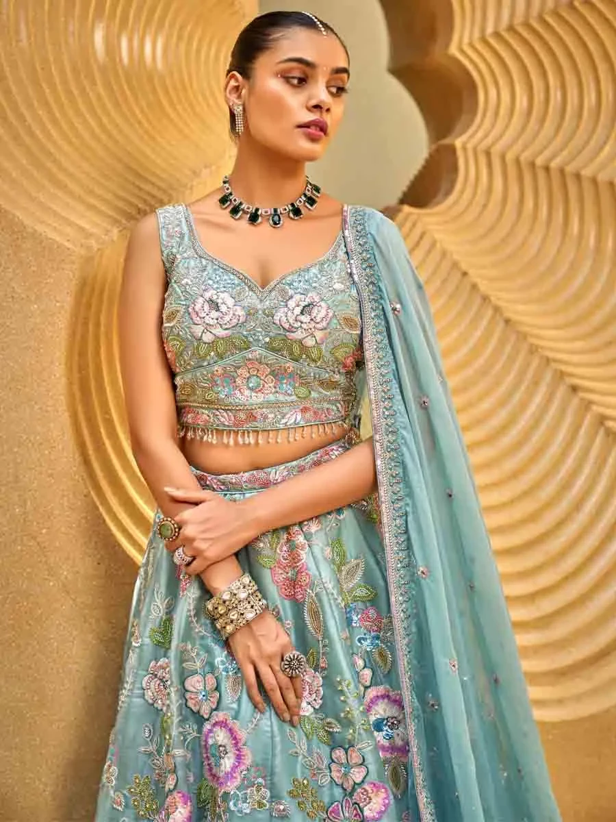 Sea Green Organza Embroidered Wedding Bridesmaid Heavy Border Lehenga Choli