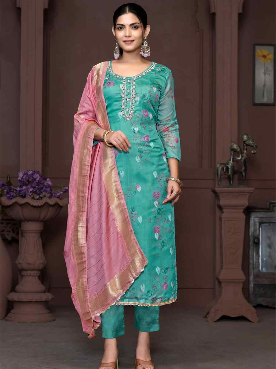 Sea Green Organza Jacquard Embroidered Casual Festival Pant Salwar Kameez