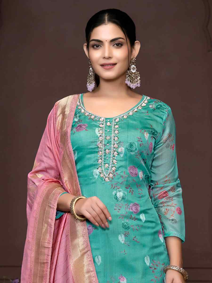 Sea Green Organza Jacquard Embroidered Casual Festival Pant Salwar Kameez