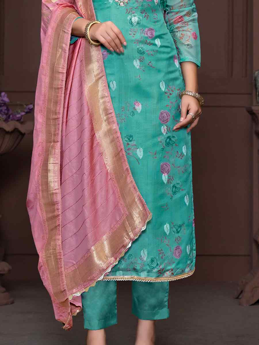 Sea Green Organza Jacquard Embroidered Casual Festival Pant Salwar Kameez