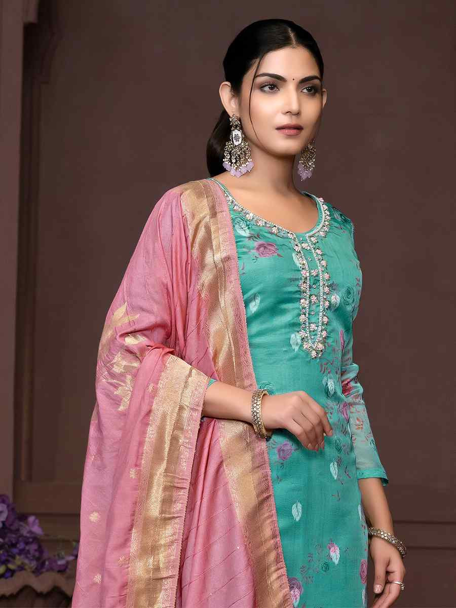 Sea Green Organza Jacquard Embroidered Casual Festival Pant Salwar Kameez