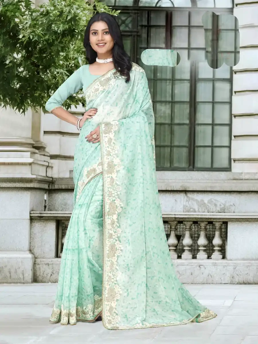 Sea Green Organza Printed Festival Casual Classic Style Saree